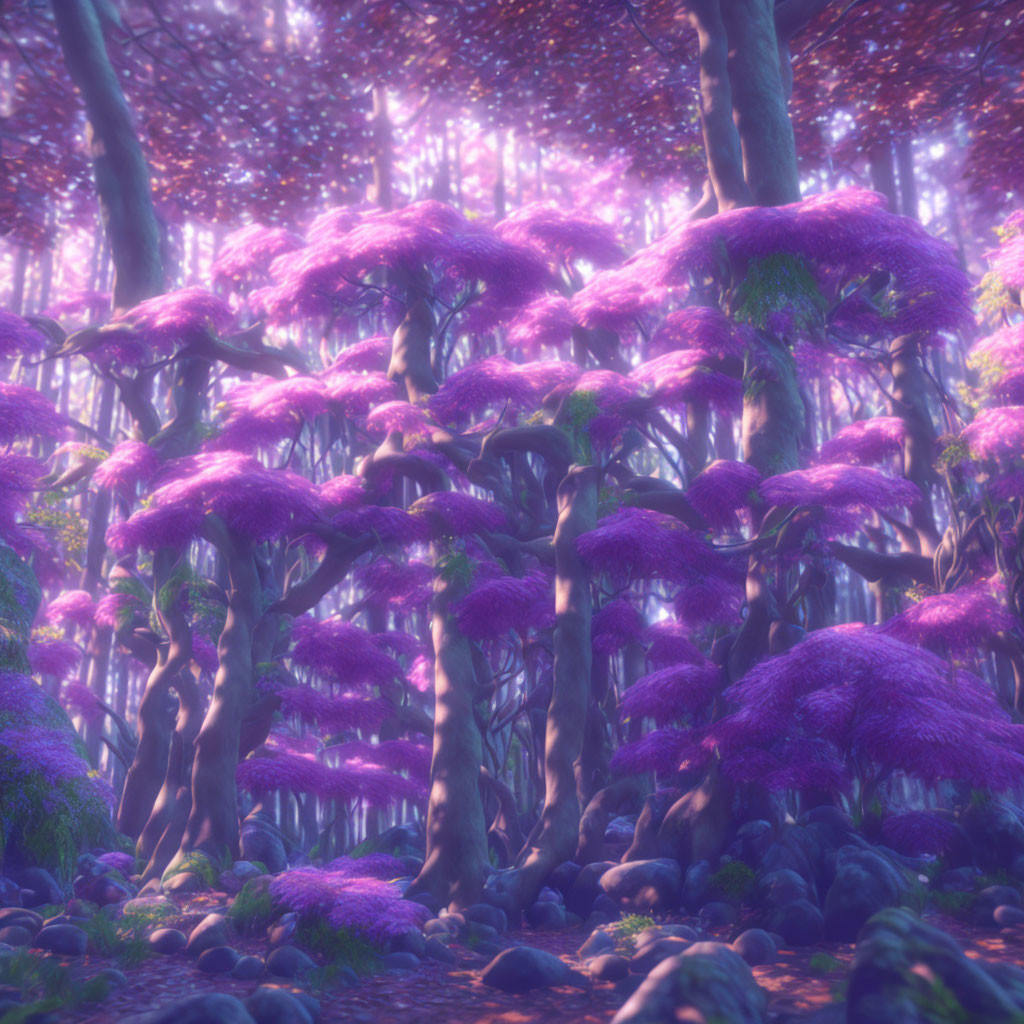 Purple-Hued Forest with Fluffy Tree Canopies in Soft Light