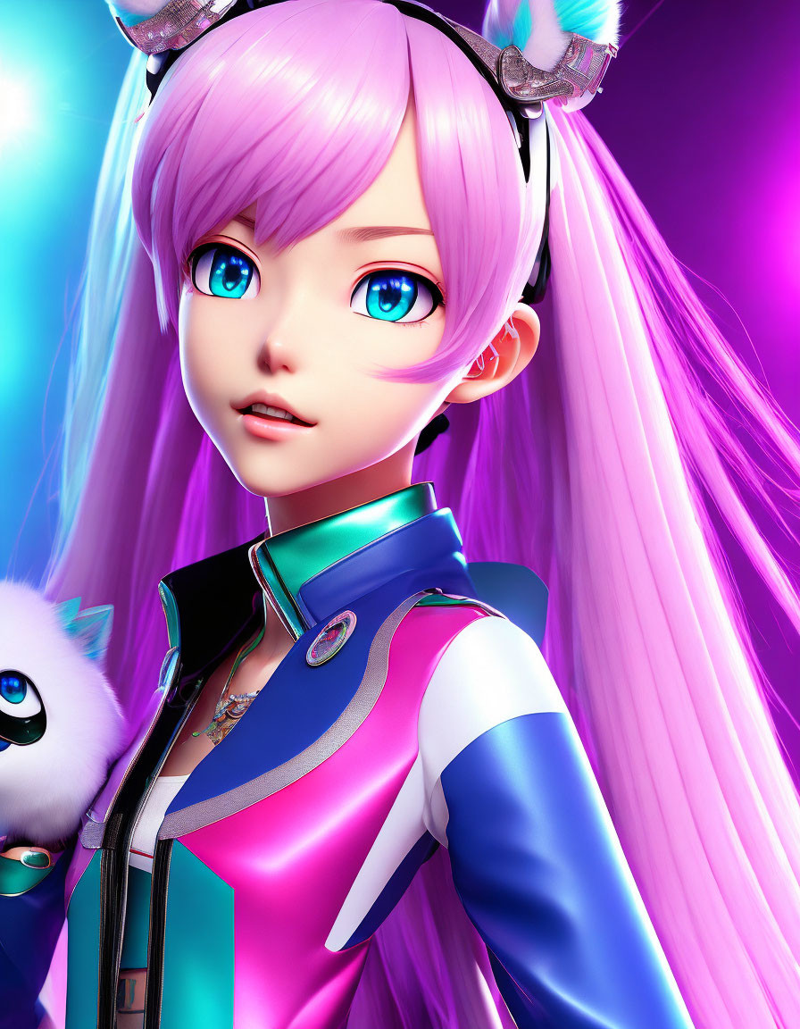 Digital Artwork: Female Character with Blue Eyes, Pink Hair, Futuristic Outfit & Cute Companion