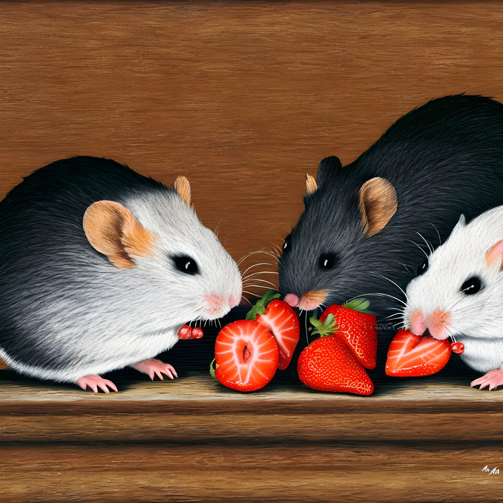 Realistic illustrated mice with various fur colors on wooden surface with strawberries
