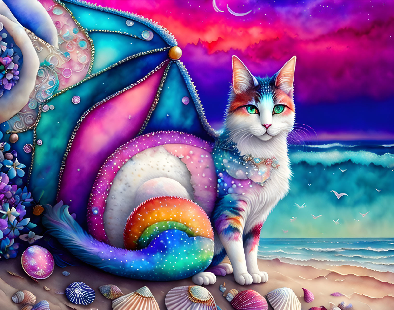Vibrant fantasy cat on beach under magical starry sky