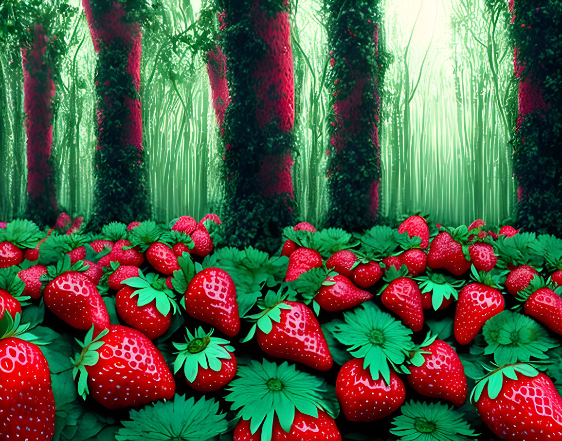 Vibrant strawberry field with red fruit and lush foliage