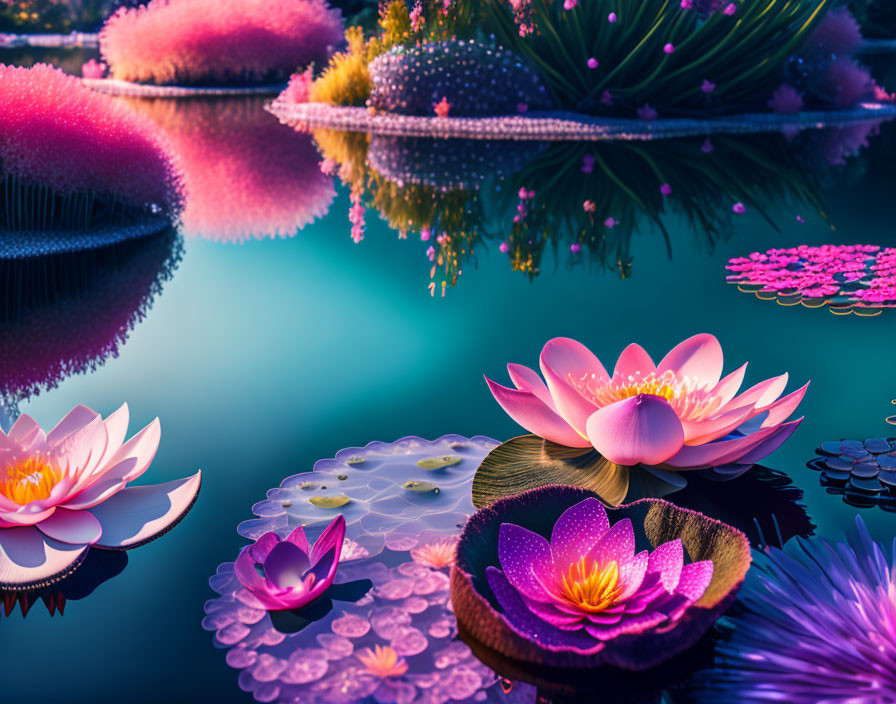 Tranquil pond with pink and purple lotus flowers in serene setting