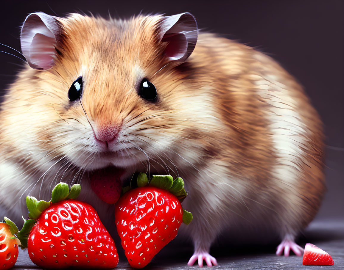 Fluffy golden-brown hamster with strawberries on dark background