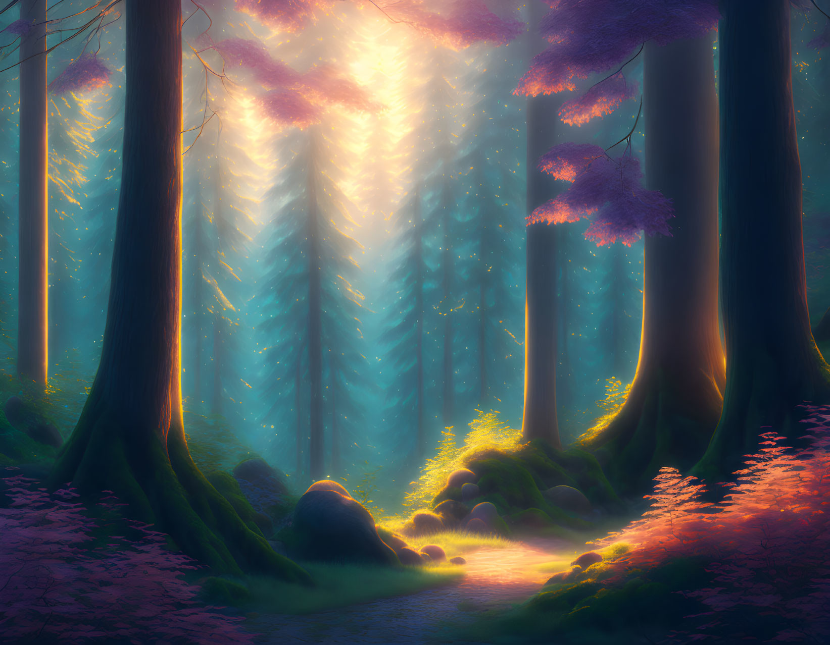 Mystical forest with purple foliage and sunbeams in serene landscape