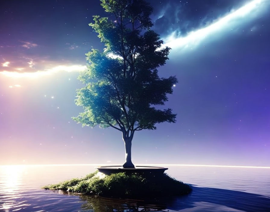 Solitary tree on small island under starry sky with comet, reflecting in twilight.