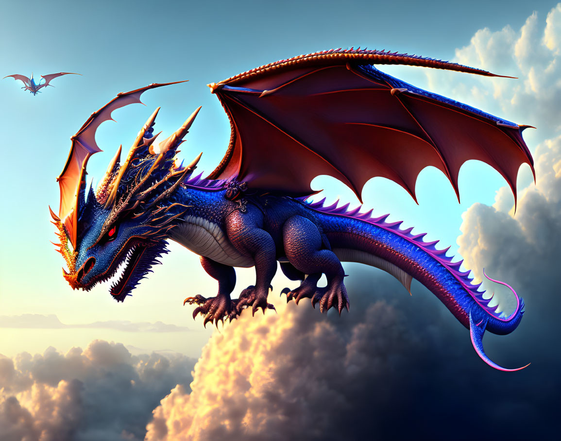 Blue dragon with wings and horns soaring in sunset sky