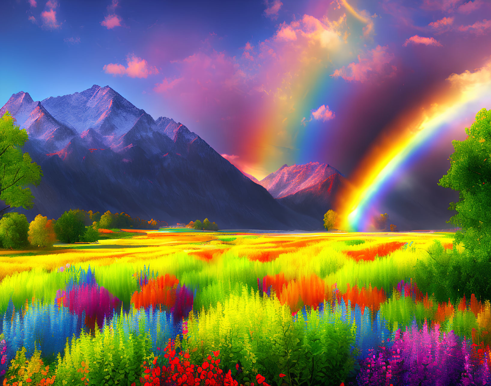 Colorful double rainbow over majestic mountains and wildflower fields