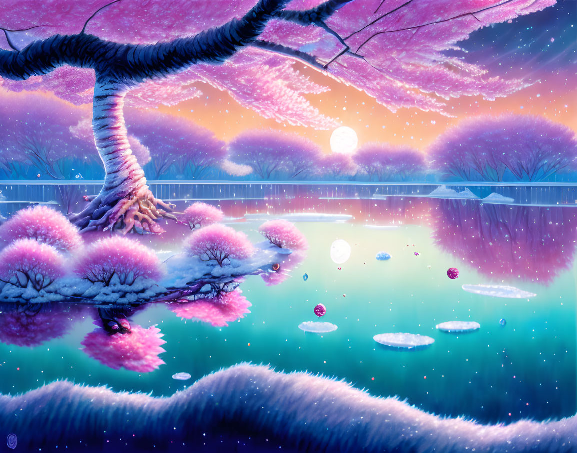 Fantastical landscape: Cherry blossom tree, tranquil pond, purple sky, full moon, pink foliage