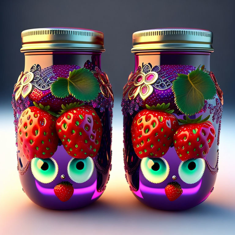 Decorative strawberry and leaf jars with googly eyes on reflective surface