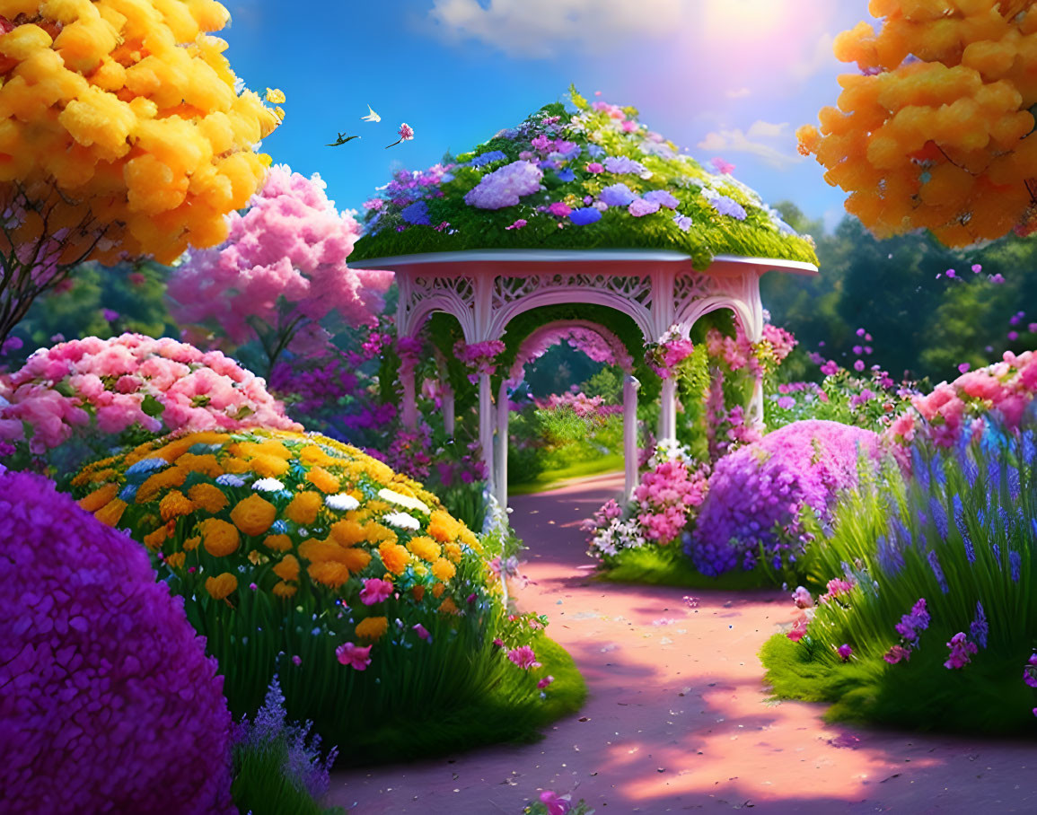 Colorful Flower Garden with Gazebo and Vibrant Trees