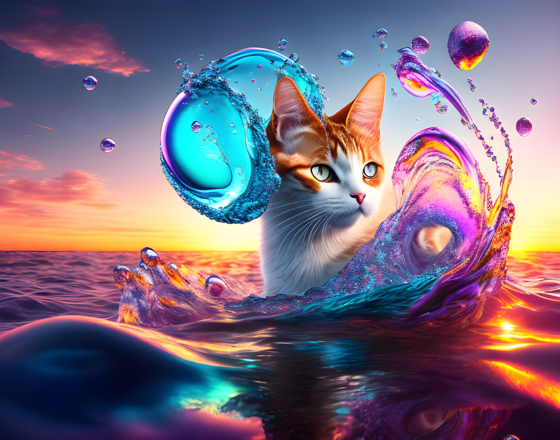 Colorful cat head in water splash at sunset