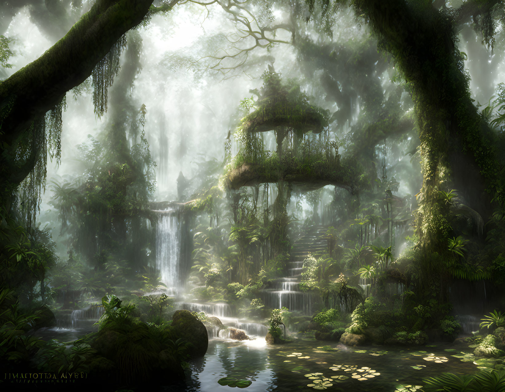 Mystical forest with lush greenery, waterfalls, and ethereal treehouse