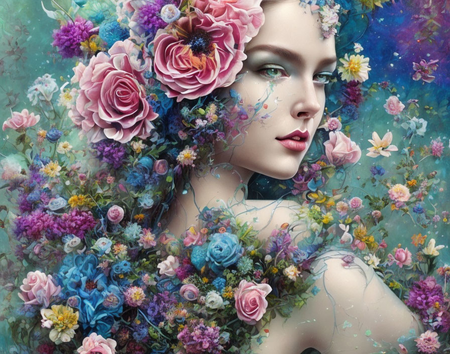 Surreal portrait of woman with flowers and bees in vibrant dreamscape