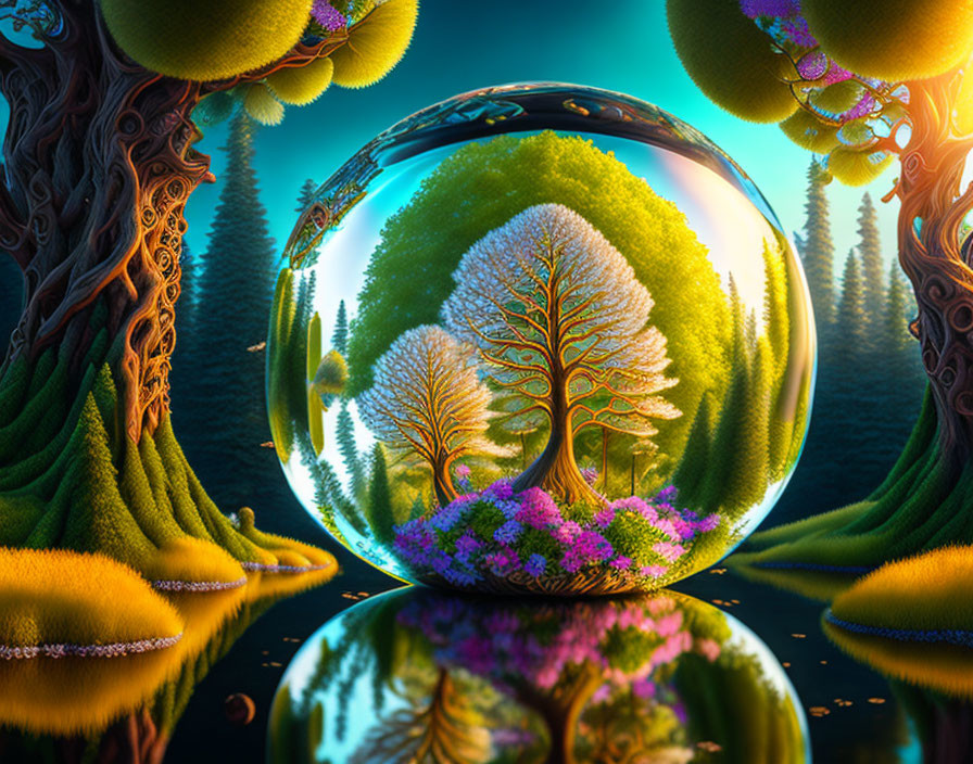 Vibrant Trees and Crystal Ball in Reflective Landscape