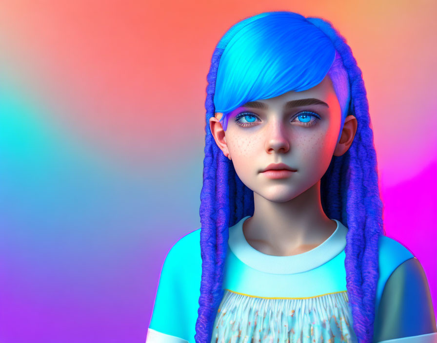 Colorful digital art portrait of girl with blue hair and eyes on gradient background