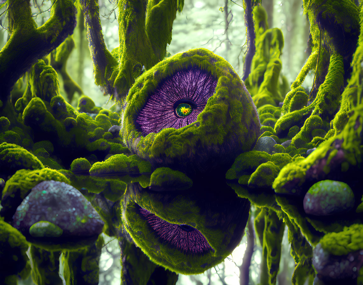 Surreal giant purple eye in moss-covered forest landscape