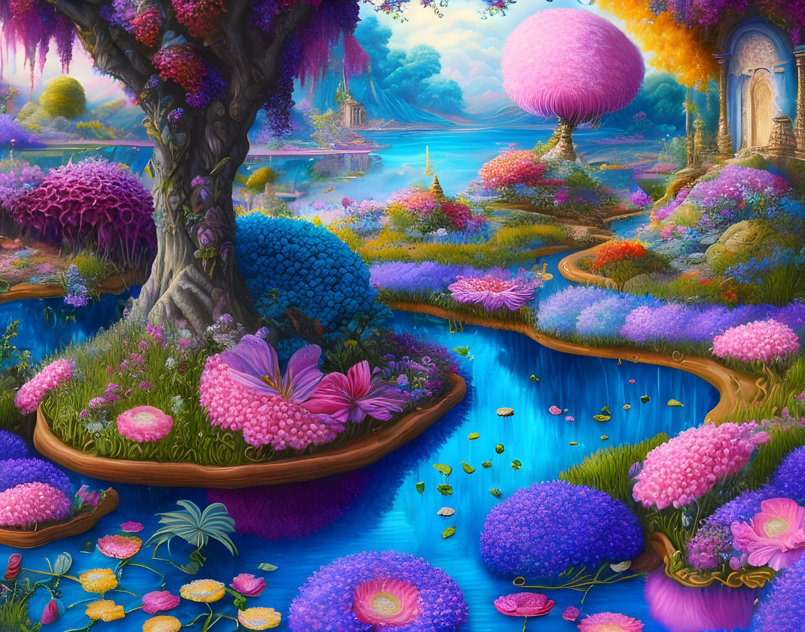 Colorful Fantasy Landscape with Oversized Flowers and Whimsical Trees