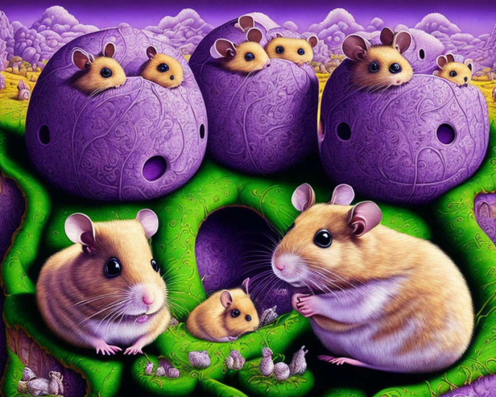 Fantasy illustration: oversized hamsters in purple ball-shaped houses on lush green terrain