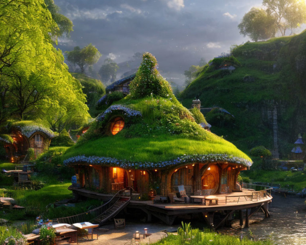 Tranquil fantasy village with moss-covered cottages near river