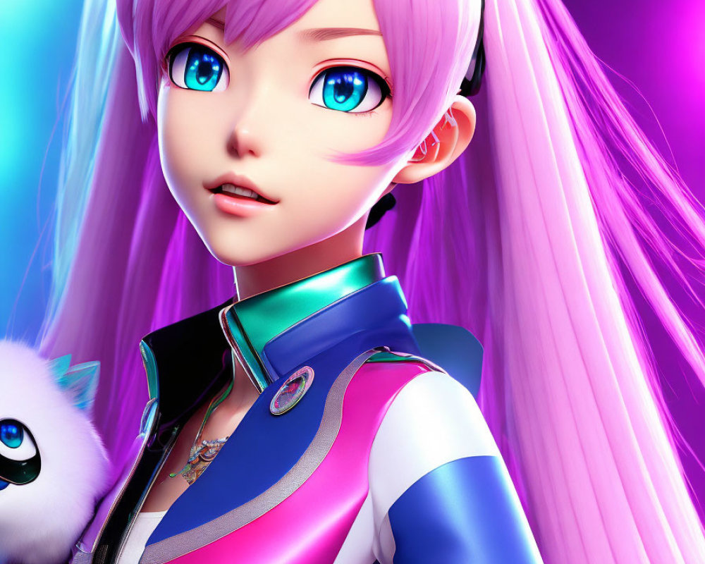 Digital Artwork: Female Character with Blue Eyes, Pink Hair, Futuristic Outfit & Cute Companion