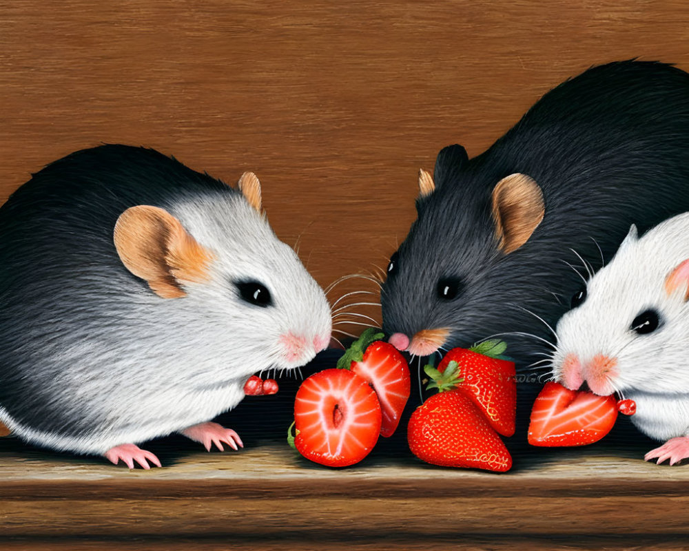 Realistic illustrated mice with various fur colors on wooden surface with strawberries