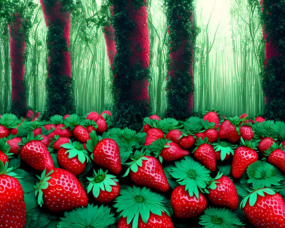 Vibrant strawberry field with red fruit and lush foliage