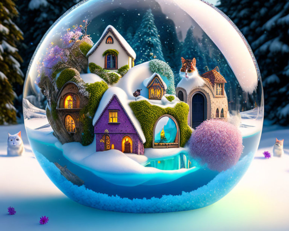 Miniature winter village snow globe with cozy houses, bridge, cats, and flowers