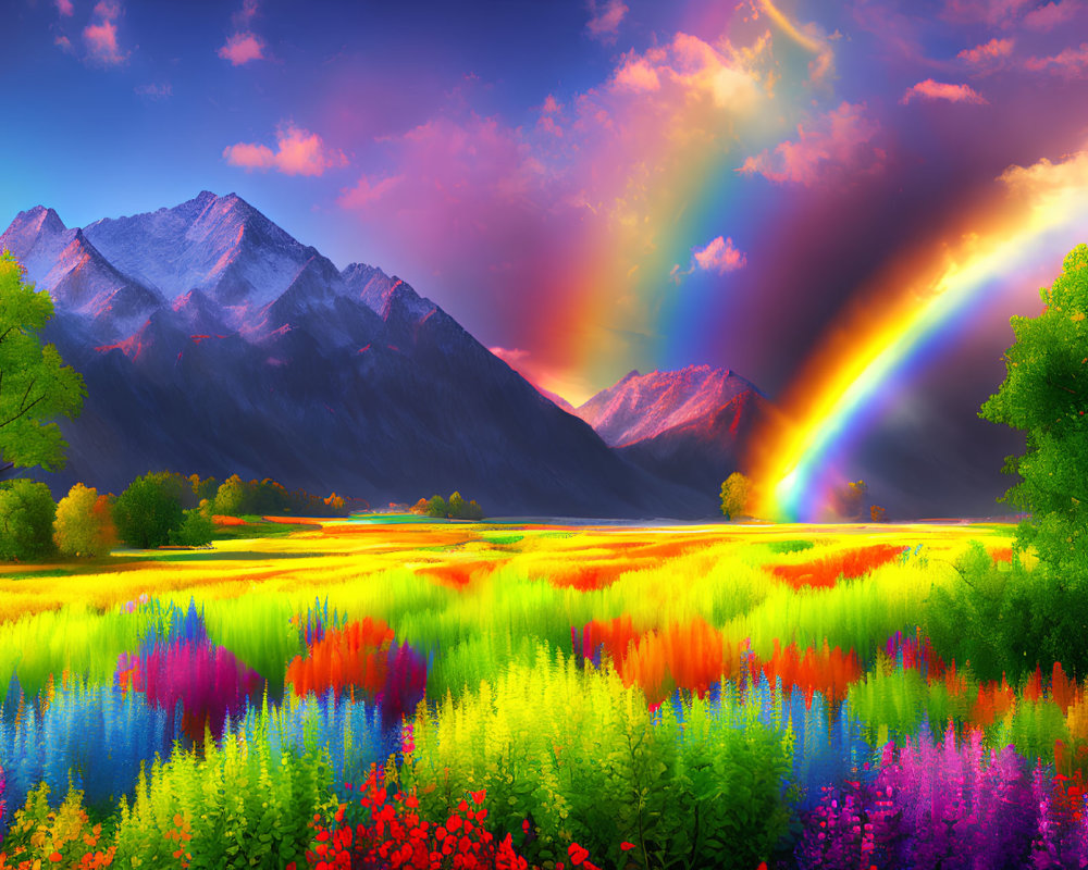 Colorful double rainbow over majestic mountains and wildflower fields