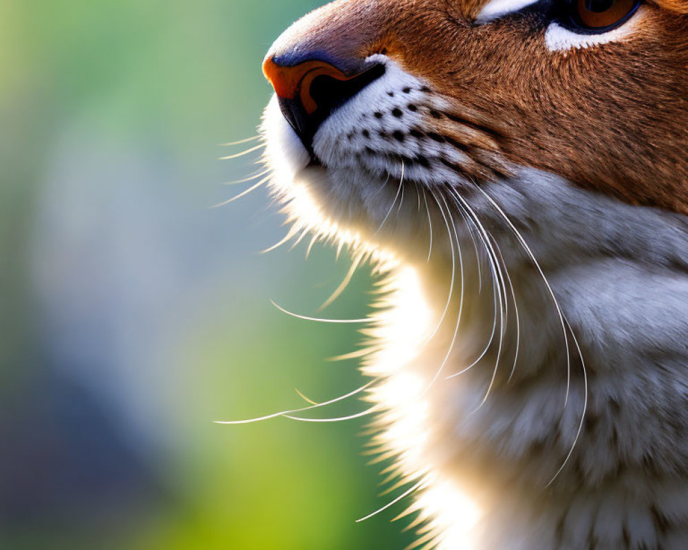 Detailed view of tiger's whiskers and snout with green backdrop