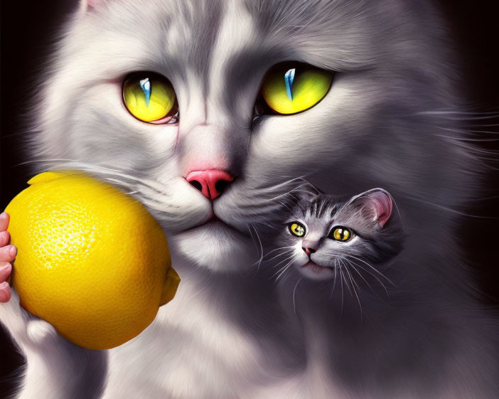 Realistic digital illustration of two cats with lemon