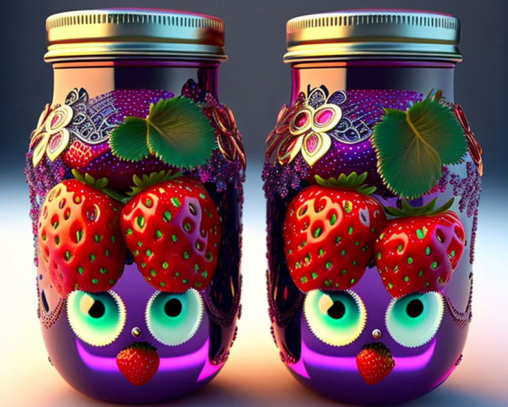 Decorative strawberry and leaf jars with googly eyes on reflective surface