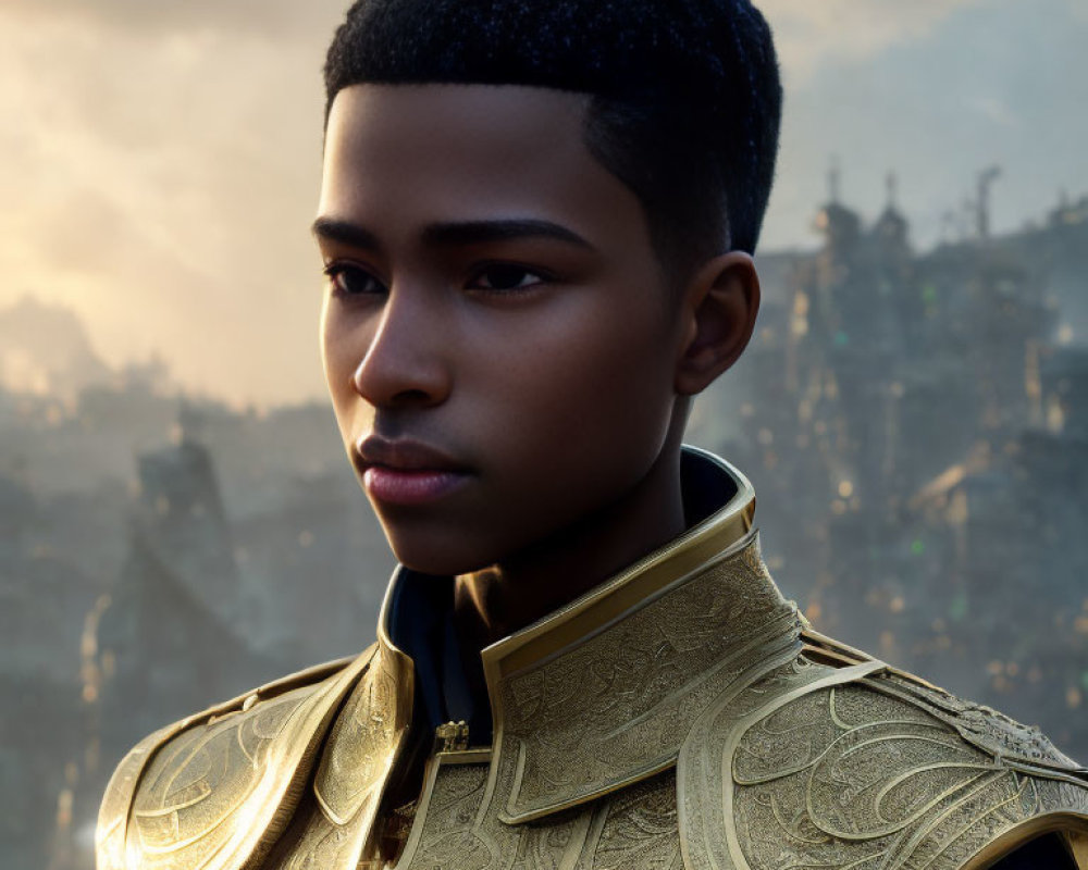 Young Person in Ornate Golden Armor in High Fantasy Setting