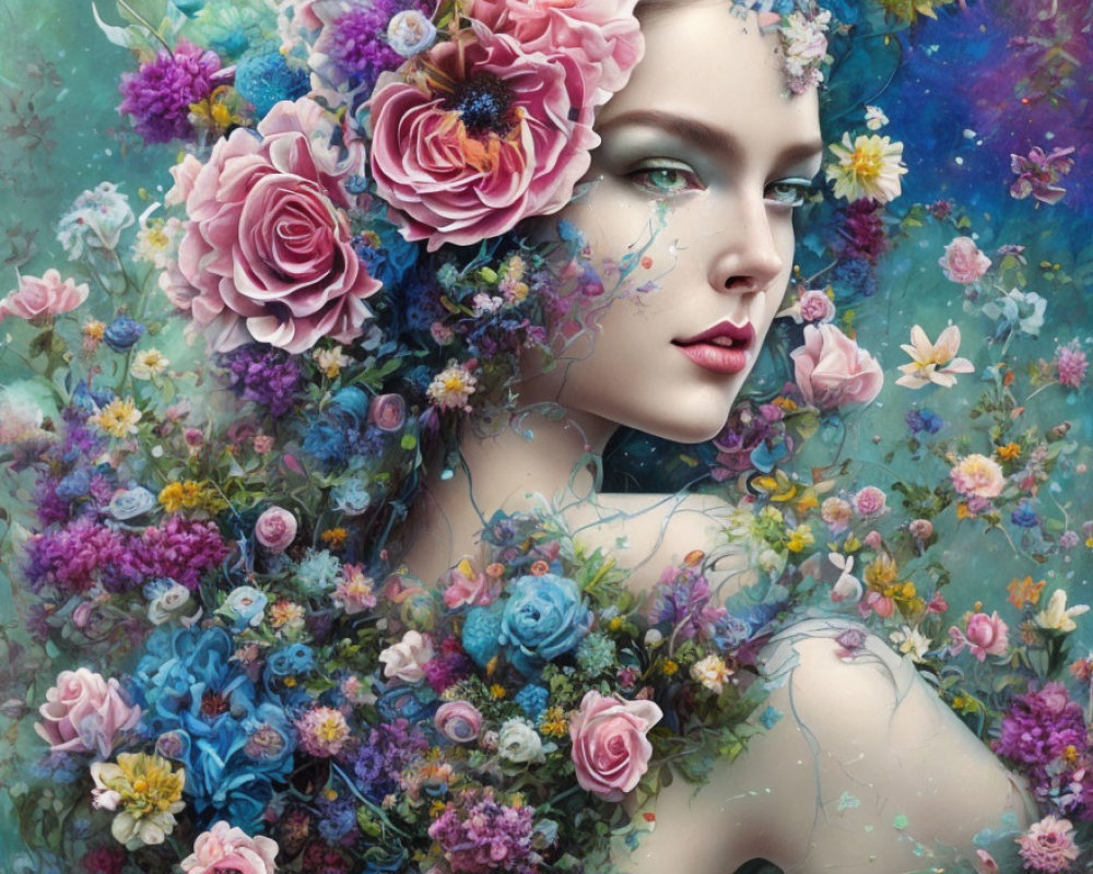 Surreal portrait of woman with flowers and bees in vibrant dreamscape