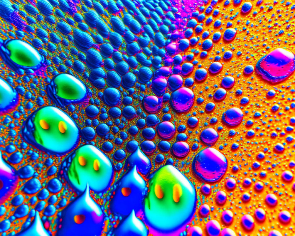 Colorful droplets in various sizes on textured surface with blue, purple, and orange gradient.