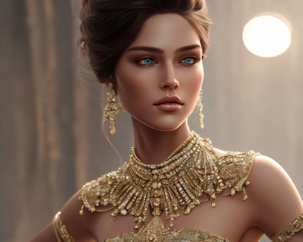 3D-rendered woman with blue eyes, gold jewelry, and intricate hairstyle on soft-lit background