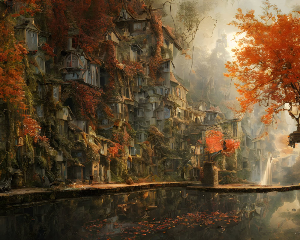 Enchanting fantasy forest with treehouses in golden autumn setting