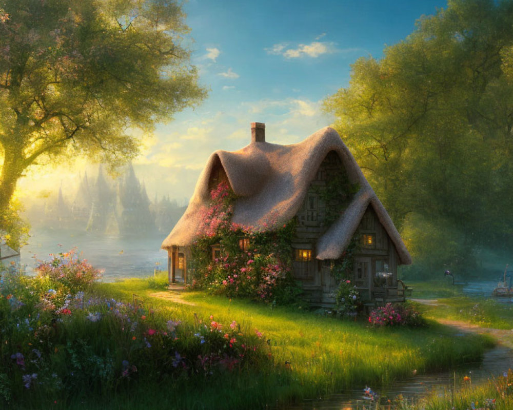 Thatched Cottage Surrounded by Greenery and Flowers in Golden Sunlight