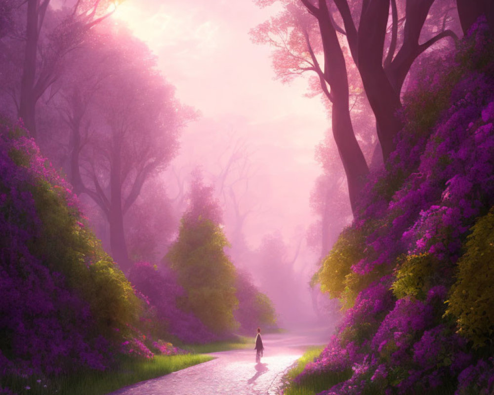 Solitary figure walking on cobblestone path surrounded by lush purple flowers and tall trees under pink sky