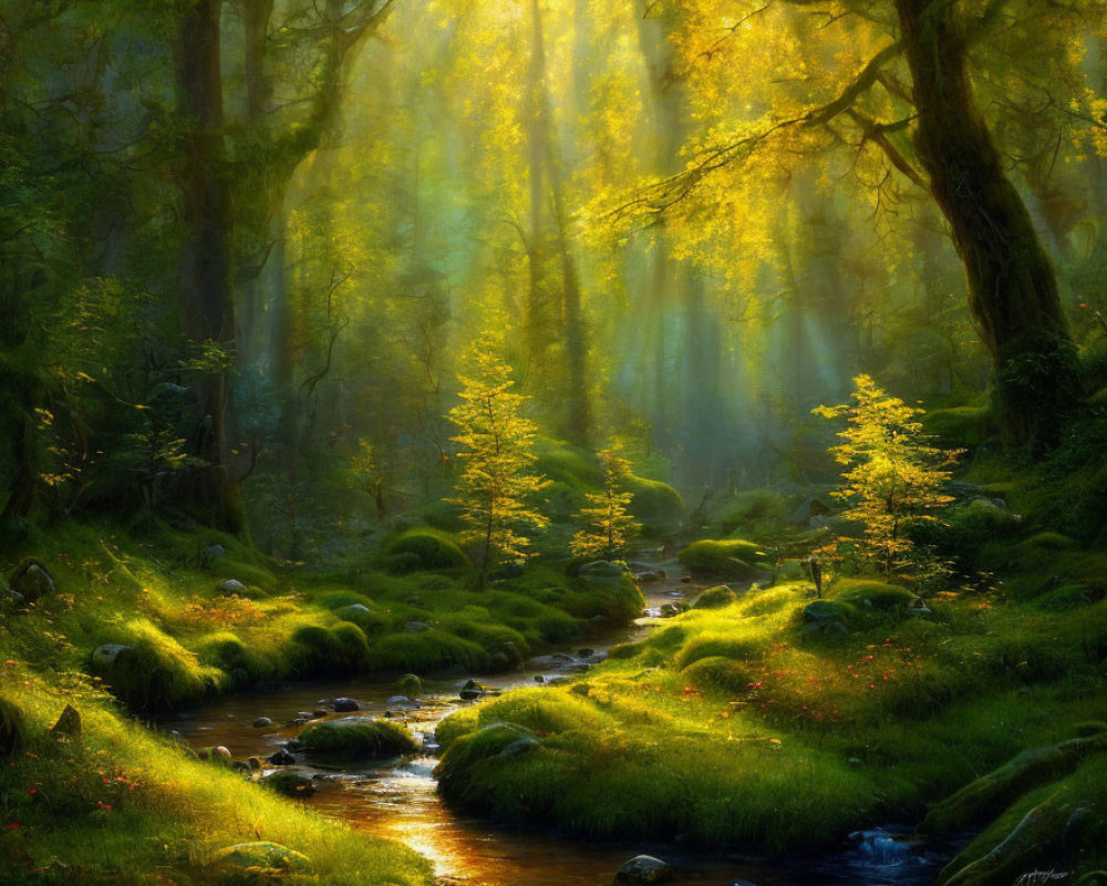 Serene forest stream with sunbeams and lush greenery