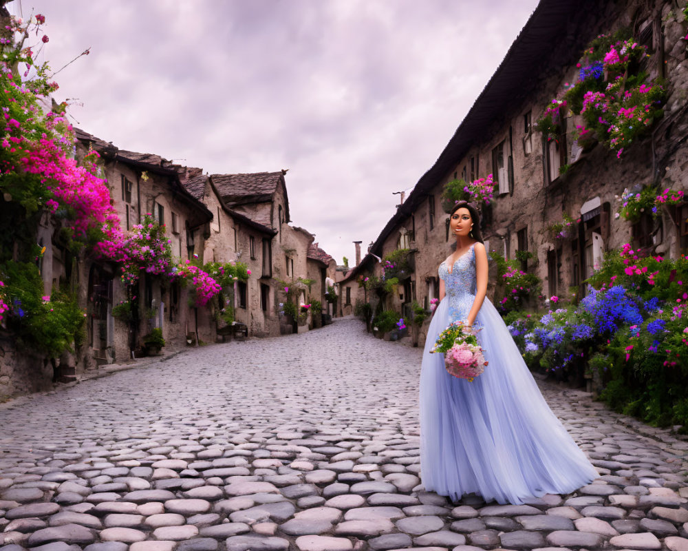 Woman in blue dress with flowers on cobblestone street and old houses on cloudy day