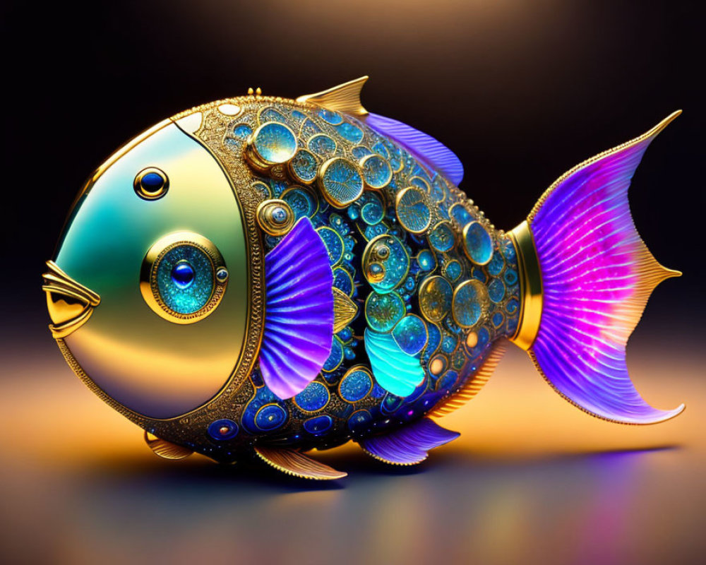 Intricate mechanical fish digital artwork with jeweled textures