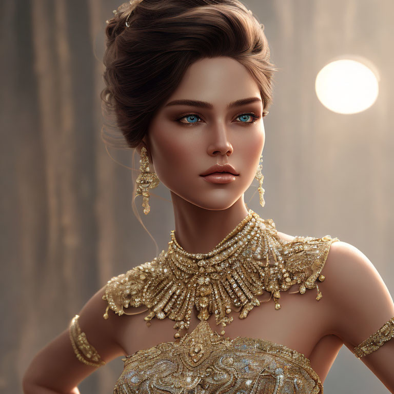 3D-rendered woman with blue eyes, gold jewelry, and intricate hairstyle on soft-lit background