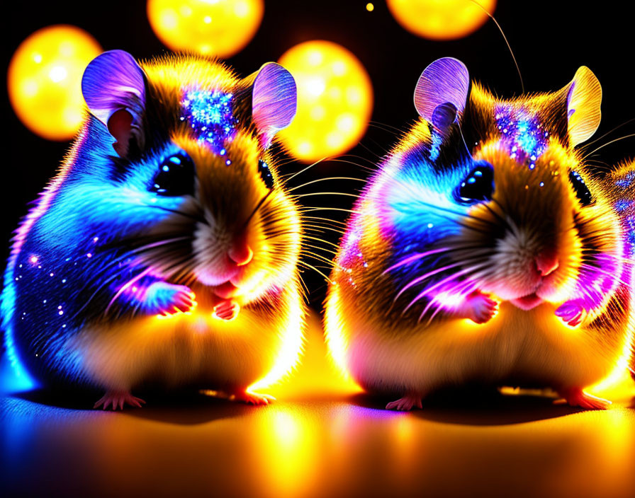 Vibrant glowing hamsters in colorful bokeh light display