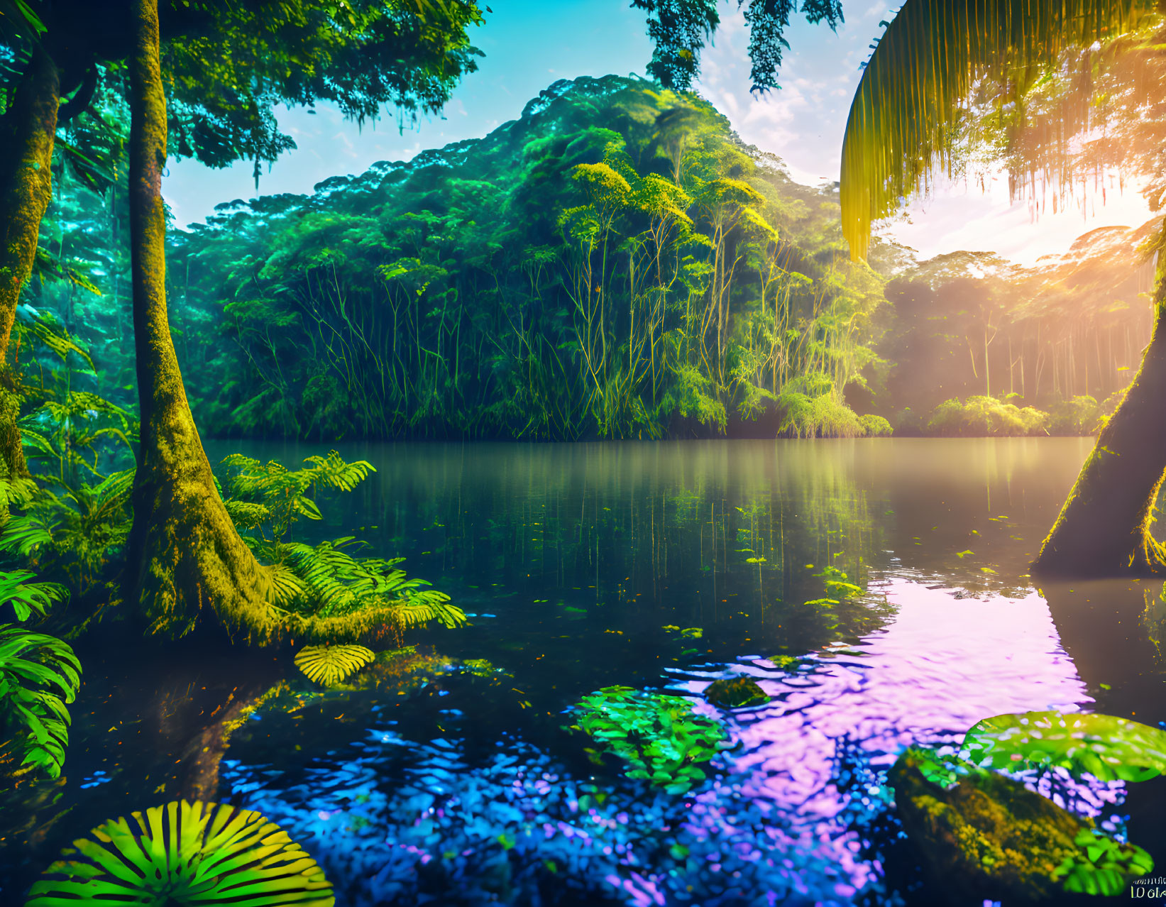 Lush tropical forest and water lilies in serene lake under sunlight