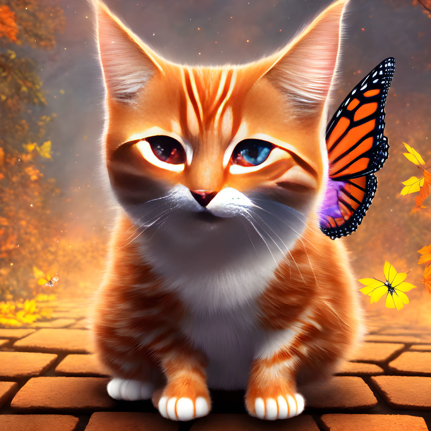 Orange Tabby Kitten with Blue Eyes and Monarch Butterfly on Ear in Autumn Setting