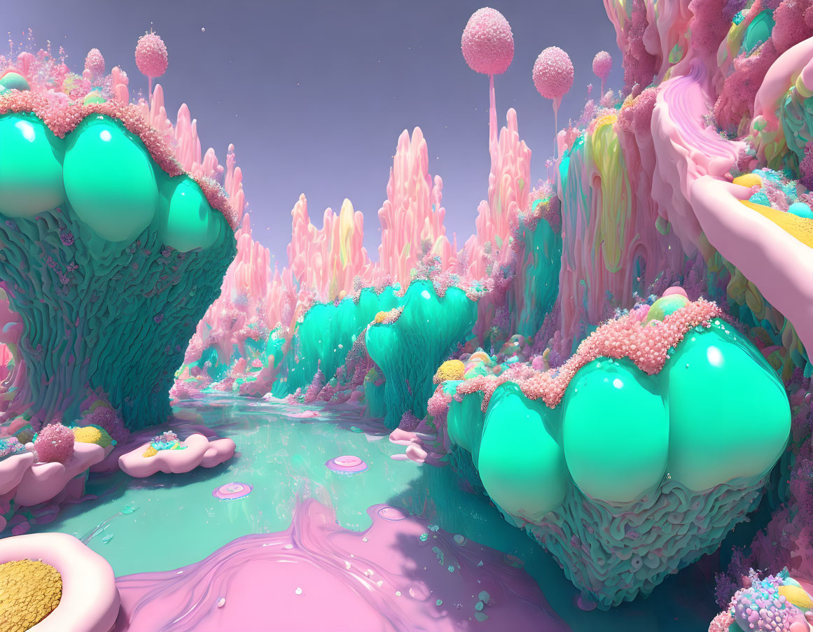 Pastel-toned surreal landscape with pink and turquoise colors, smooth rivers, and fluffy tree-like structures