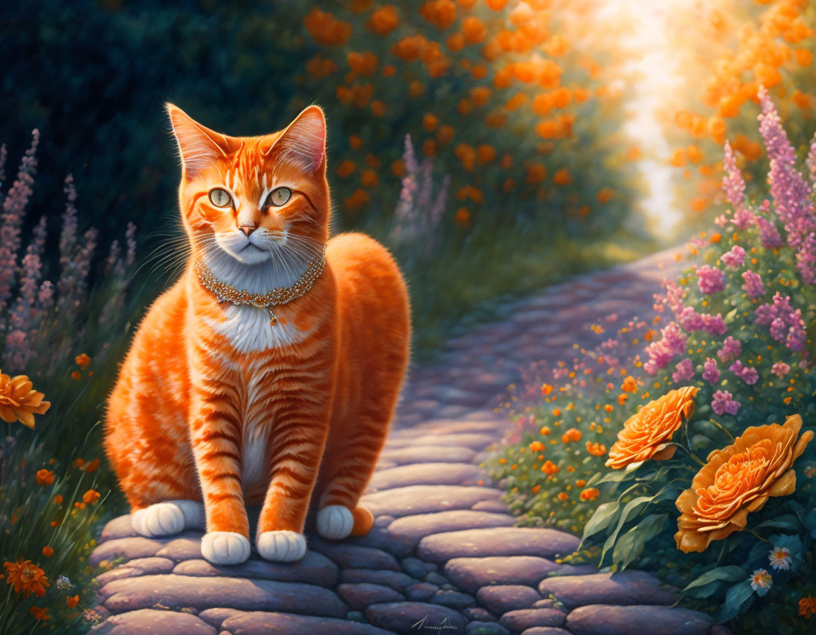 Orange Tabby Cat with Pearl Necklace in Flower-filled Setting