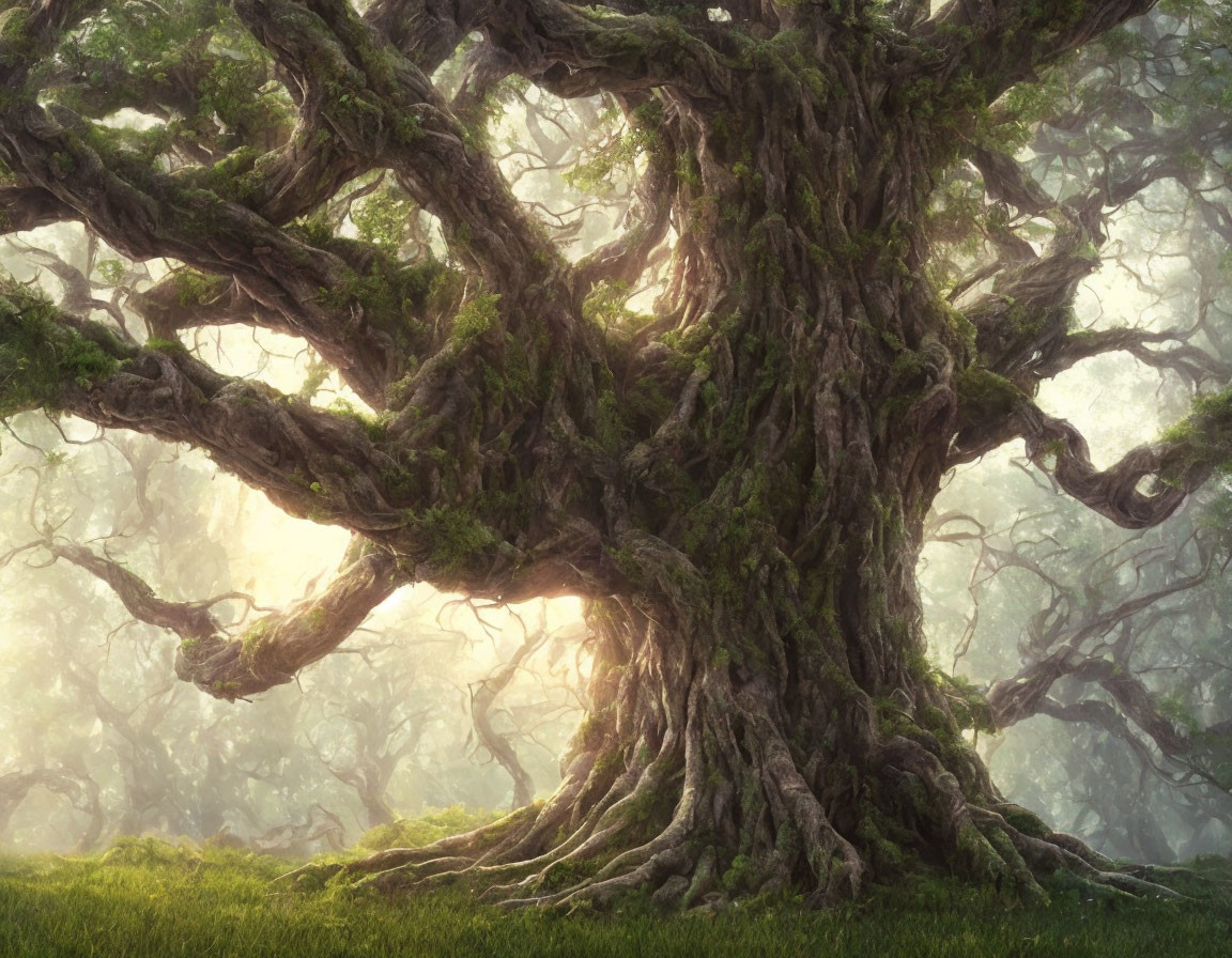 Majestic ancient tree in mystical fog with sunlight filtering through branches