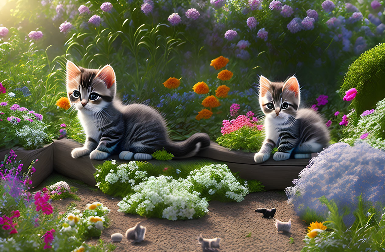 Two cute kittens in colorful garden with mini creatures & objects