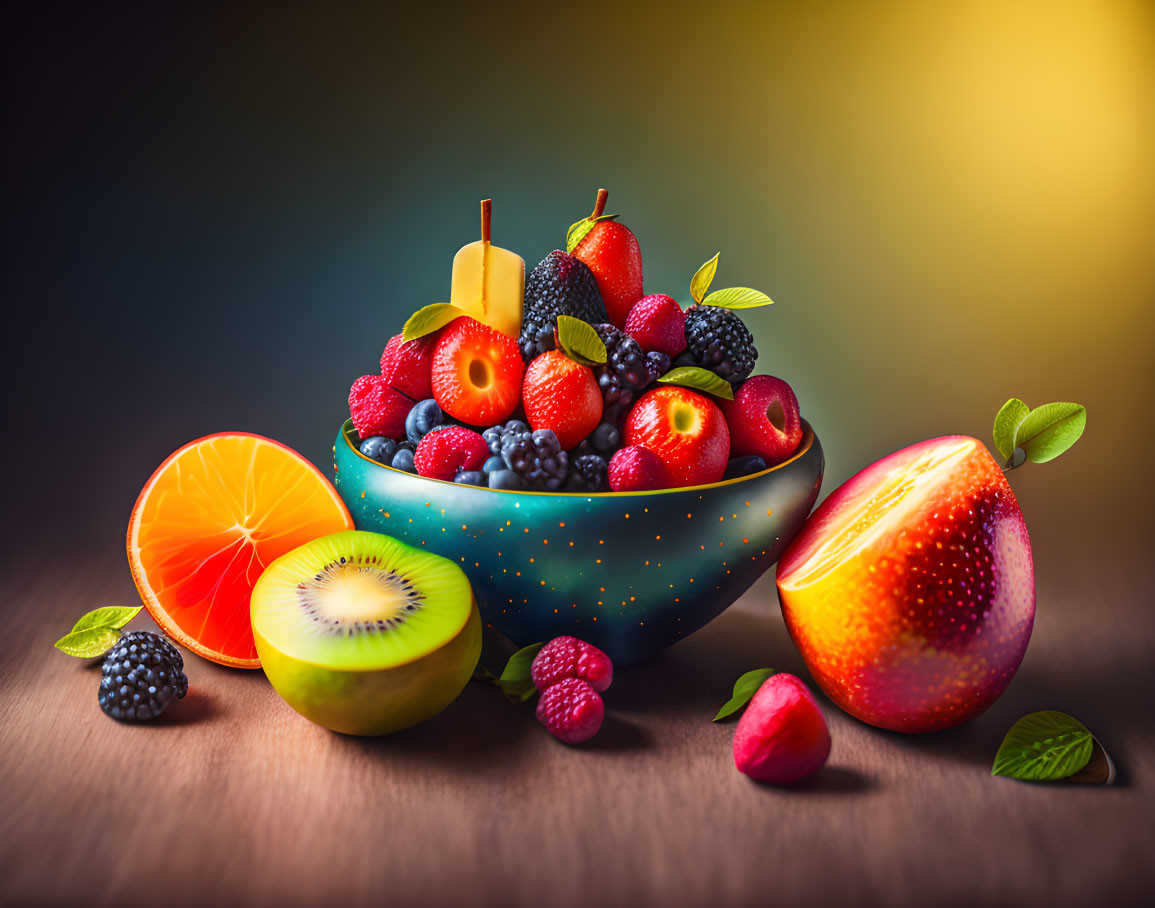 Colorful Mixed Fruit Bowl on Gradient Background with Leaves